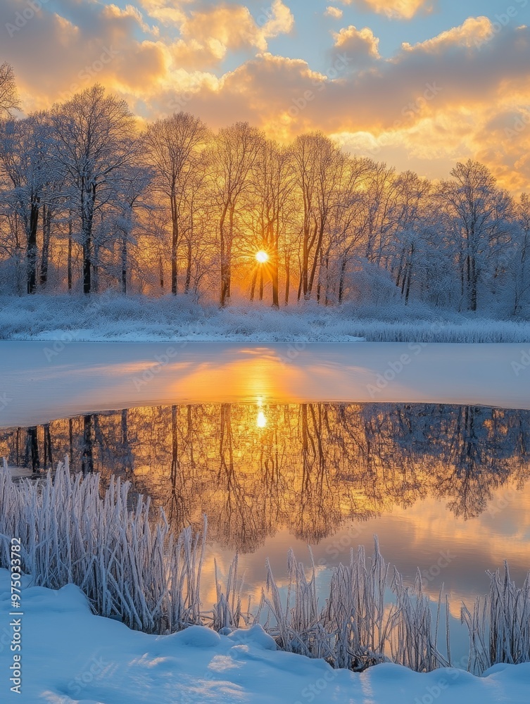 sunset over the river, winter frozen nature