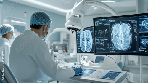 Advanced healthcare facility AI diagnostic systems operate medical equipment technology. AI generated photo