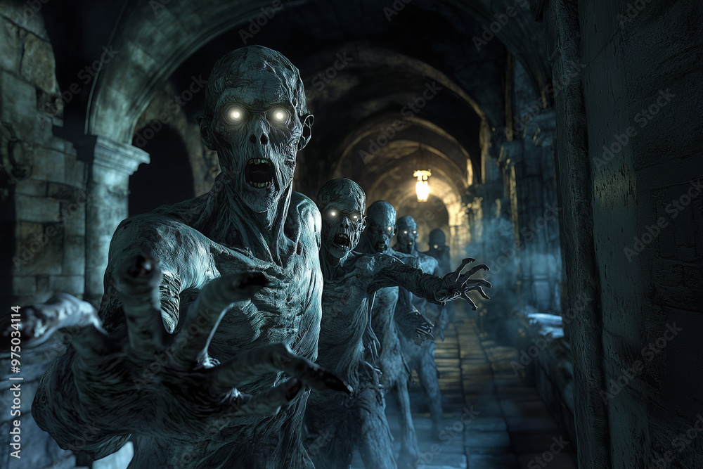 Undead Horde with Luminous Eyes Advancing in Ancient Stone Hallway Undead Horde with Luminous Eyes Advancing in Ancient Stone Hallway