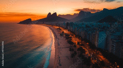 Stunning Aerial View of Ipanema Beach at Enchanting Sunset in Rio de Janeiro Brazil