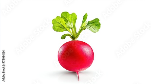  Close-up radish image on white background with green leafy stem protruding