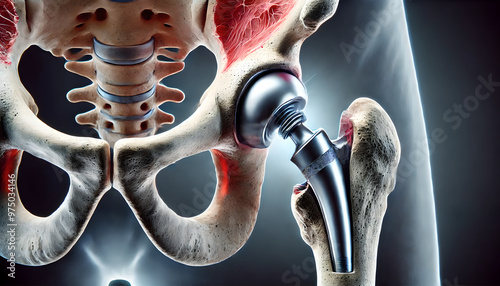 3D Bone: Hip replacement surgery, surgeon replacing damaged hip joint with prosthetic implant. focus on metal, plastic components of prosthetic, artificial ball and socket in place of natural joint.