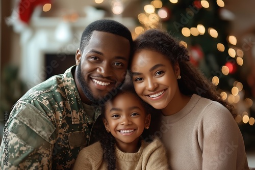 A joyful soldier family posing together in front of a beautifully decorated Christmas tree during the holiday season at home