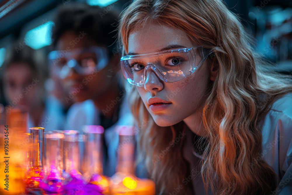 A group of teens collaborating on a science project in a high-tech lab, surrounded by colorful experiments and futuristic equipment. Concept of academic achievement and teamwork. A group of teens collaborating on a science project in a high-tech lab, surrounded by colorful experiments and futuristic equipment. Concept of academic achievement and teamwork.