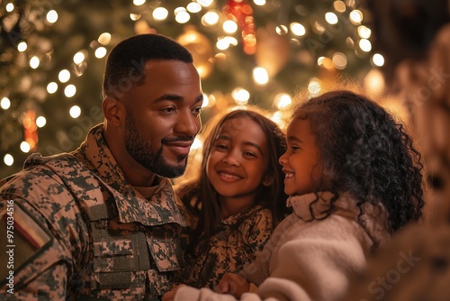 A joyful soldier family posing together in front of a beautifully decorated Christmas tree during the holiday season at home photo