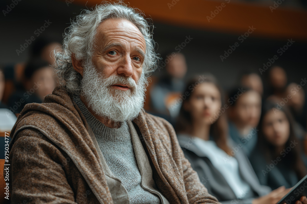 A Greek philosopher discussing modern philosophical topics with students in a university lecture hall. Concept of classical wisdom applied to current academic settings. A Greek philosopher discussing modern philosophical topics with students in a university lecture hall. Concept of classical wisdom applied to current academic settings.