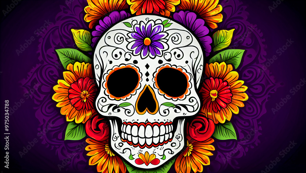 Ornamental Calavera of Día de los Muertos: A Festive Sugar Skull Adorned with Bright Flowers and Heart-Shaped Nasal Cavity, Celebrating Life and Death with Intricate Petal Patterns and a Purple Textur Ornamental Calavera of Día de los Muertos: A Festive Sugar Skull Adorned with Bright Flowers and Heart-Shaped Nasal Cavity, Celebrating Life and Death with Intricate Petal Patterns and a Purple Textur