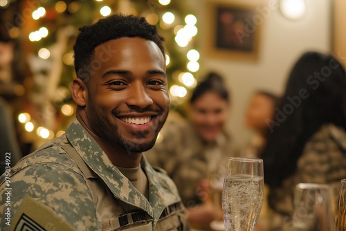 A joyful soldier family posing together in front of a beautifully decorated Christmas tree during the holiday season at home
