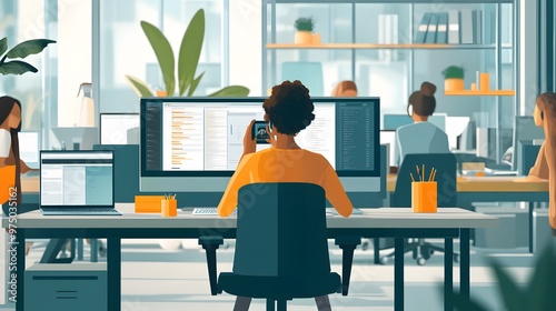 Woman working on computer in office setting with coworkers in background