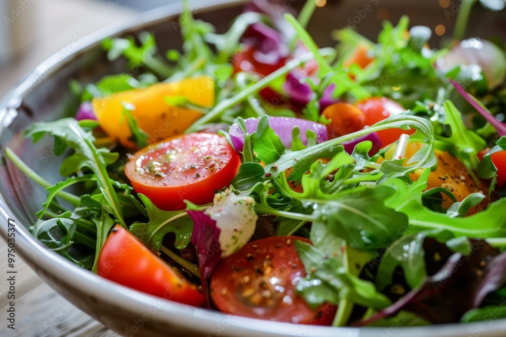 Fresh arugula salad with colorful tomatoes and red onions seasoned with oil and pepper Fresh arugula salad with colorful tomatoes and red onions seasoned with oil and pepper