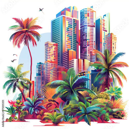 cityscape skyscrapers palms tropical buildings modern skyline urban colorful art architecture nature contrast vibrant city greenery illustration design downtown lush 