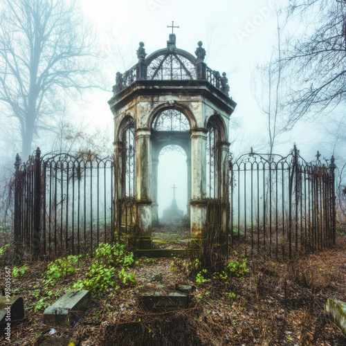 Halloween theme, gothic stone mausoleum in an overgrown cemetery, surrounded by wilted flowers and broken tombstones.