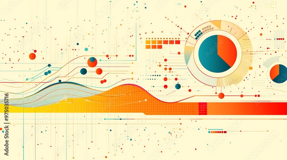 Obraz premium Abstract digital data visualization with colorful lines, circles, and charts
