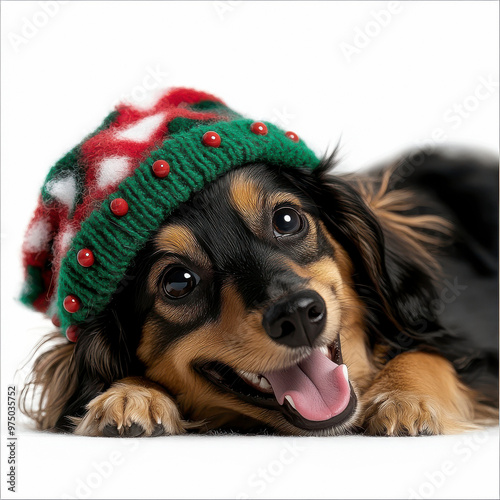 Small dog Christmas. A Black Tan Maltipoo, Maltese - Poodle wearing a Santa, Christmas Hat, Christmas Tree Background. photo