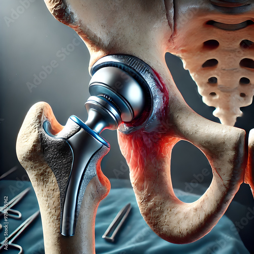 3D Bone: Hip replacement surgery, surgeon replacing damaged hip joint with prosthetic implant. focus on metal, plastic components of prosthetic, artificial ball and socket in place of natural joint.