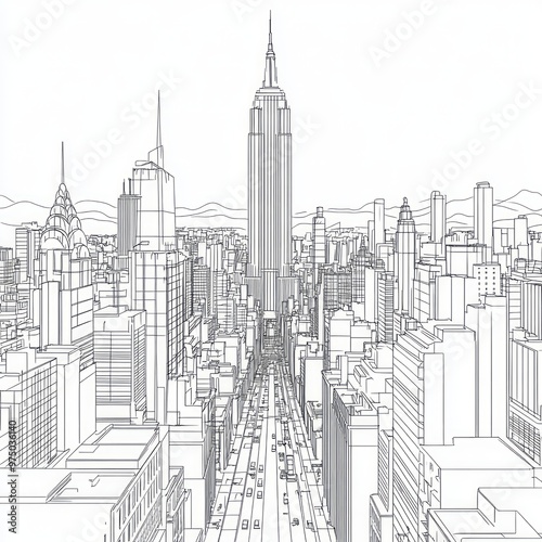 Outline of a city skyline featuring iconic skyscrapers.