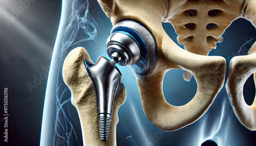 3D Bone: Hip replacement surgery, surgeon replacing damaged hip joint with prosthetic implant. focus on metal, plastic components of prosthetic, artificial ball and socket in place of natural joint. photo