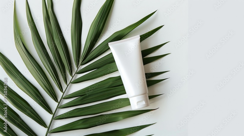 Mock-up. A tube of cream sitting next to a palm leaf, beige background Mock-up. A tube of cream sitting next to a palm leaf, beige background
