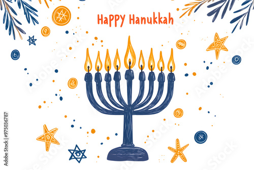 The vibrant menorah features nine lit candles symbolizing Hanukkah, surrounded by decorative stars and festive elements in a joyful celebration of the holiday spirit.