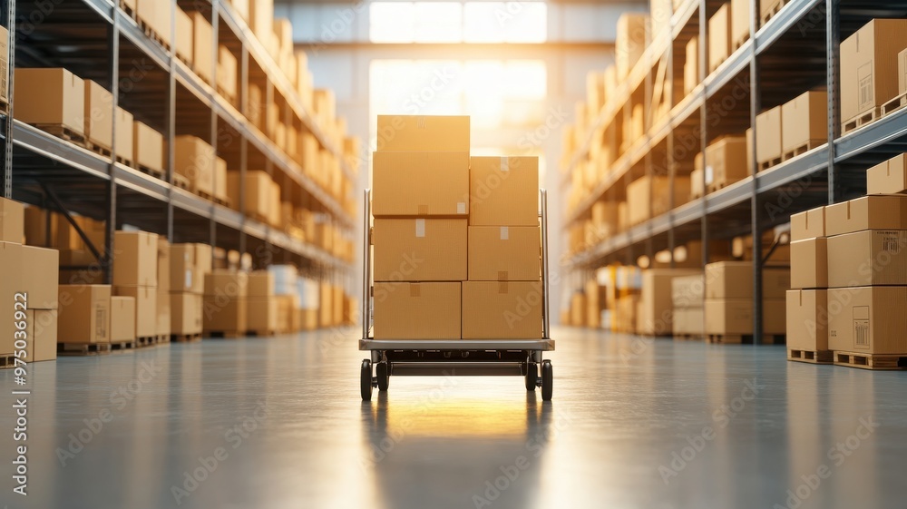 A delivery cart loaded with boxes stands in a spacious warehouse, illuminated by warm sunlight filtering through large windows.