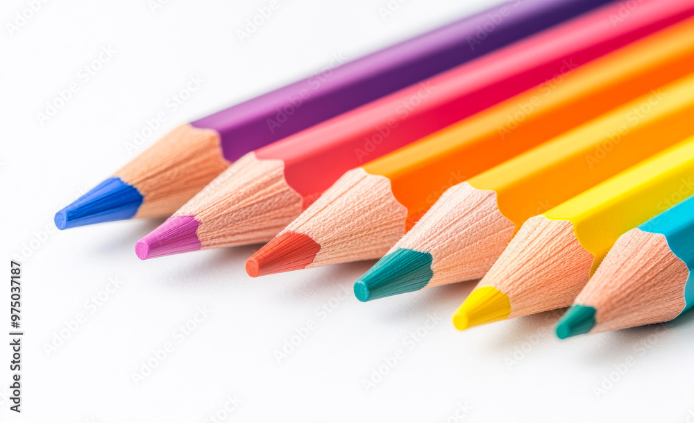 A row of colored pencils with a blue tip. The pencils are lined up in a row, with the blue pencil on the left and the red pencil on the right A row of colored pencils with a blue tip. The pencils are lined up in a row, with the blue pencil on the left and the red pencil on the right