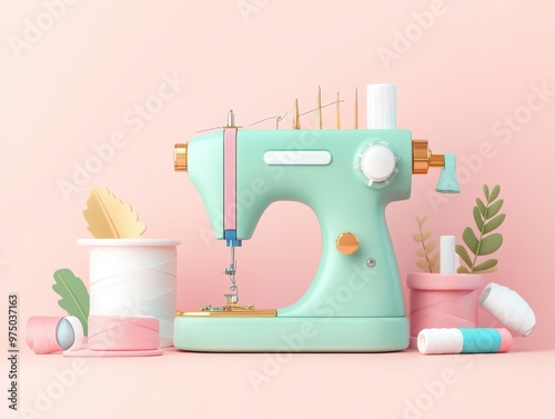 Colorful sewing machine with spools, thread, and plants on a soft pink background, perfect for creative projects and crafts.