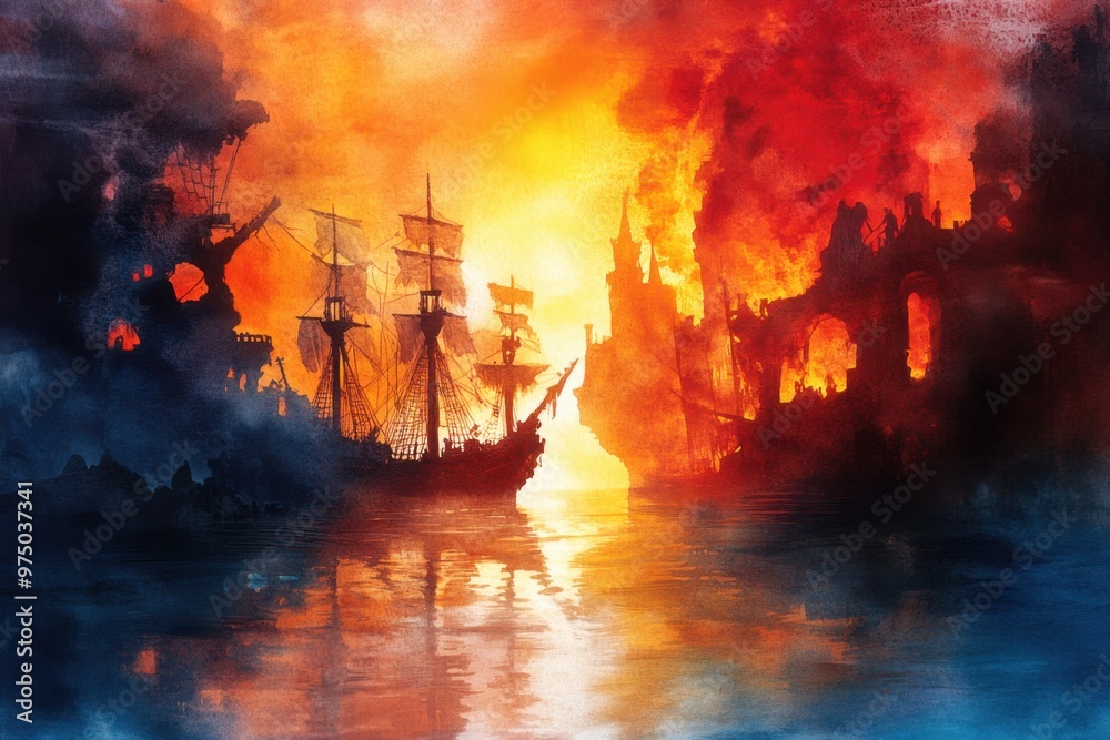 Obraz premium Ghostly Guardians of Cursed Pirate Treasure - Eerie Watercolor Illustration of Skeletons at Haunted Bay