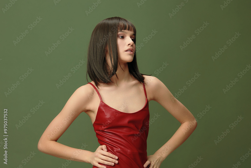 Young woman in red dress posing with hands on hips against a green background, showcasing confident and stylish demeanor Young woman in red dress posing with hands on hips against a green background, showcasing confident and stylish demeanor
