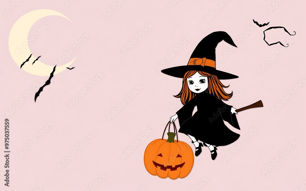 Cute witch flying with a pumpkin on a pink background, perfect for Halloween card or social media post.
Cute witch flying with a pumpkin on a pink background, perfect for Halloween card or social media post.