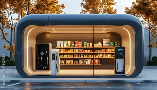 Futuristic drive-through convenience store featuring electric vehicle charging stations and sleek, modern design elements photo