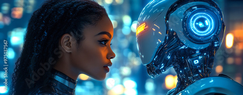 A woman and a robot are standing in front of a city skyline. The robot has a blue face and a blue head. Scene is futuristic and intriguing