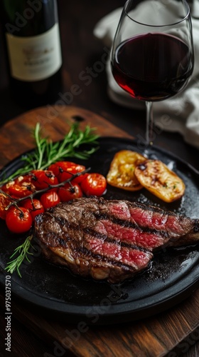 Succulent Steak Paired with a Rich Red Wine on a Rustic Wooden Table