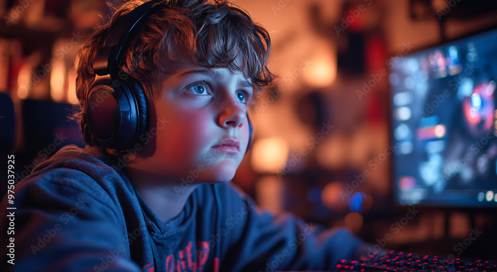 A young boy is playing a video game with a headset on. He is focused on the screen and he is enjoying himself A young boy is playing a video game with a headset on. He is focused on the screen and he is enjoying himself