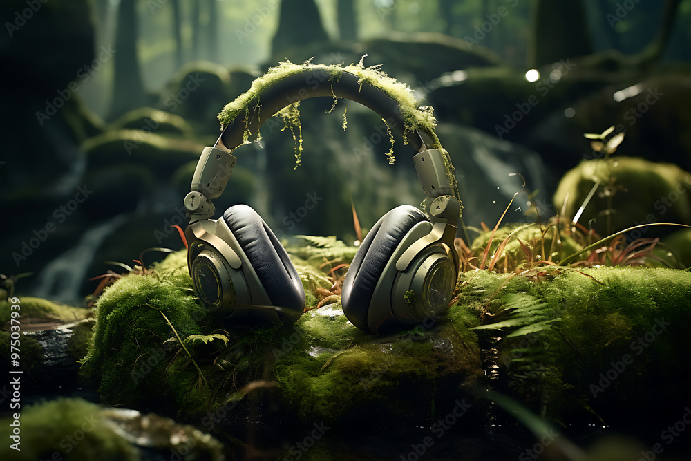 Naklejka premium Headphone on spring background.