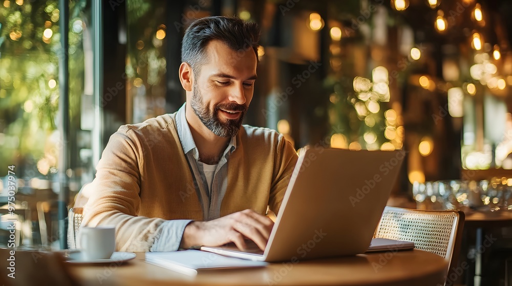 Man Working on Laptop at a Cozy Cafe Man Working on Laptop at a Cozy Cafe
