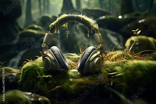 Headphone on spring background.