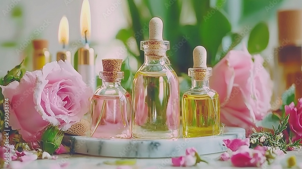 3 Bottles, Pink Roses, Candles 3 Bottles, Pink Roses, Candles