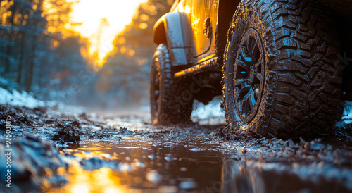 A dirty jeep tire is in the mud. The tire is covered in mud and snow, and the ground is wet. The scene is dark and moody, with the sun setting in the background