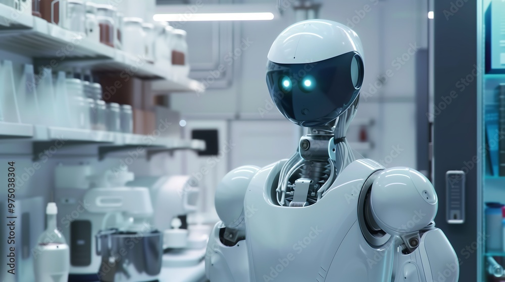 Naklejka premium Humanoid Robot with Glowing Eyes in a Futuristic Lab