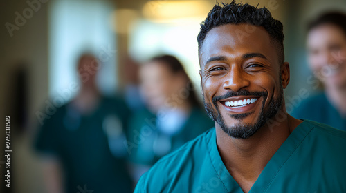 A smiling man in a green scrubs shirt is posing for a picture. Concept of happiness and positivity