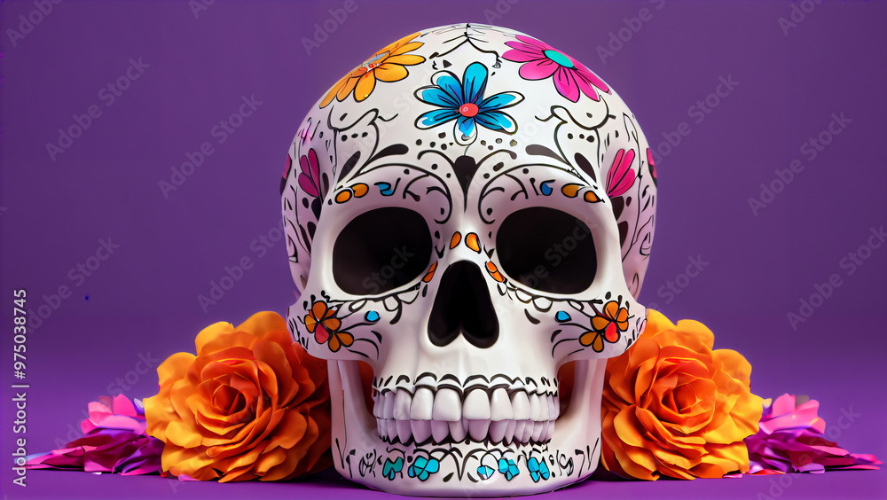 Bright skull Dia de Muertos: celebration of life, death and Mexican tradition with floral motifs and 3D roses Bright skull Dia de Muertos: celebration of life, death and Mexican tradition with floral motifs and 3D roses