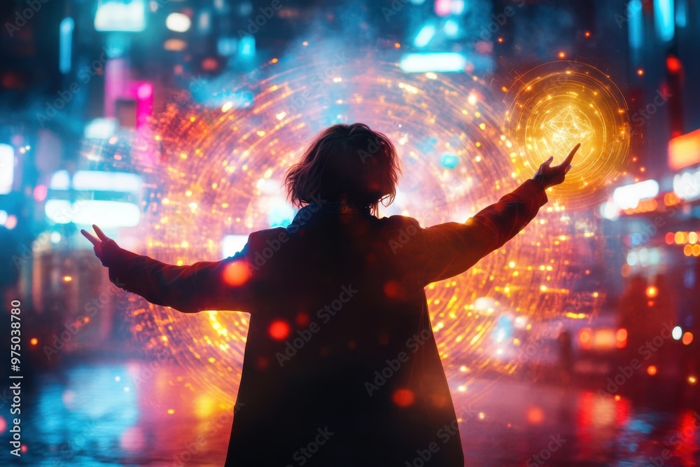 Futuristic Cyberpunk Witch Conjuring Spells in Urban Halloween Night