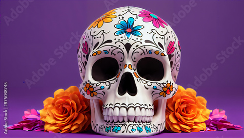 Bright skull Dia de Muertos: celebration of life, death and Mexican tradition with floral motifs and 3D roses