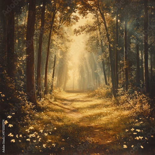 Serene forest path illuminated by soft sunlight.