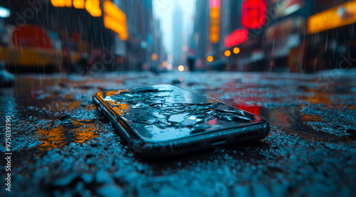 A cell phone is laying on the ground in the rain. The phone is cracked and broken, and the water has seeped into the device. Concept of sadness and loss, as the phone is no longer functional