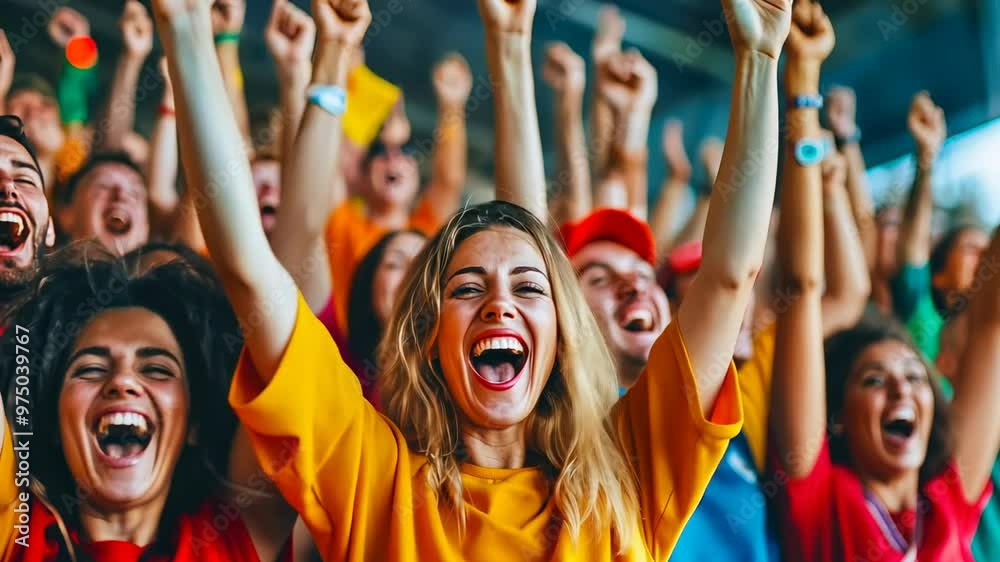 A group of enthusiastic young fans, predominantly Caucasian, cheer loudly at a sports event. Shot during the day, the crowd showcases a bright and joyful atmosphere with vivid clothing adding to the