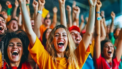 A group of enthusiastic young fans, predominantly Caucasian, cheer loudly at a sports event. Shot during the day, the crowd showcases a bright and joyful atmosphere with vivid clothing adding to the