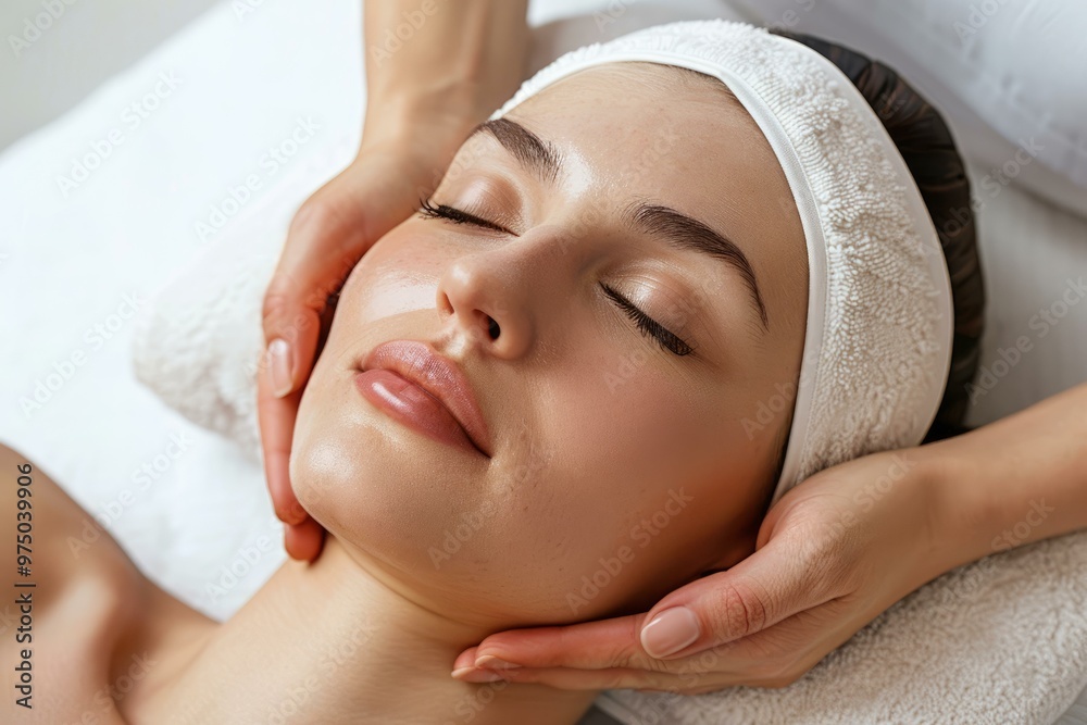 Beautician gently massaging face of young woman with closed eyes lying on massage table in beauty spa salon Beautician gently massaging face of young woman with closed eyes lying on massage table in beauty spa salon