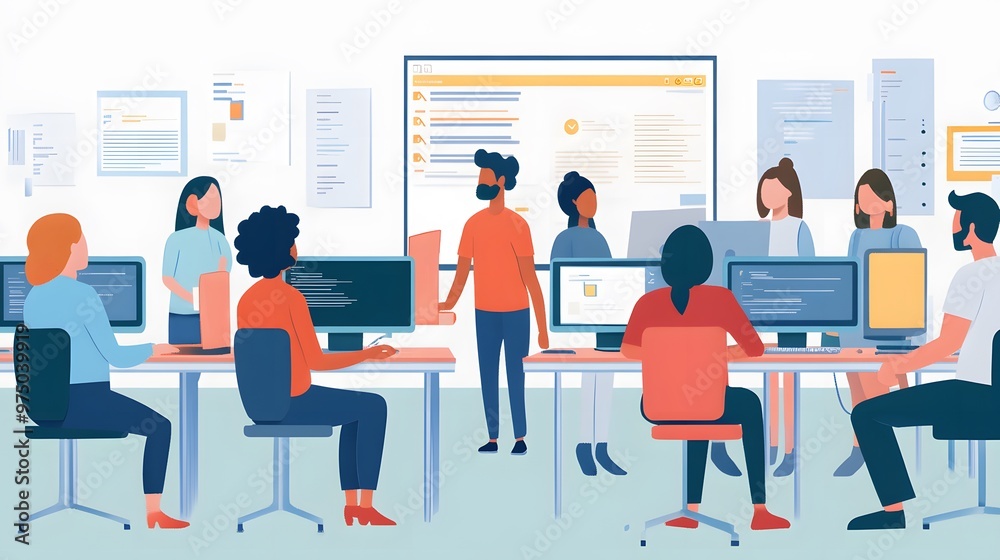 A group of diverse people working on computers in an office A group of diverse people working on computers in an office