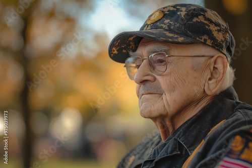 Elderly veteran attending a meeting in a community center, reflecting on service and camaraderie with fellow veterans